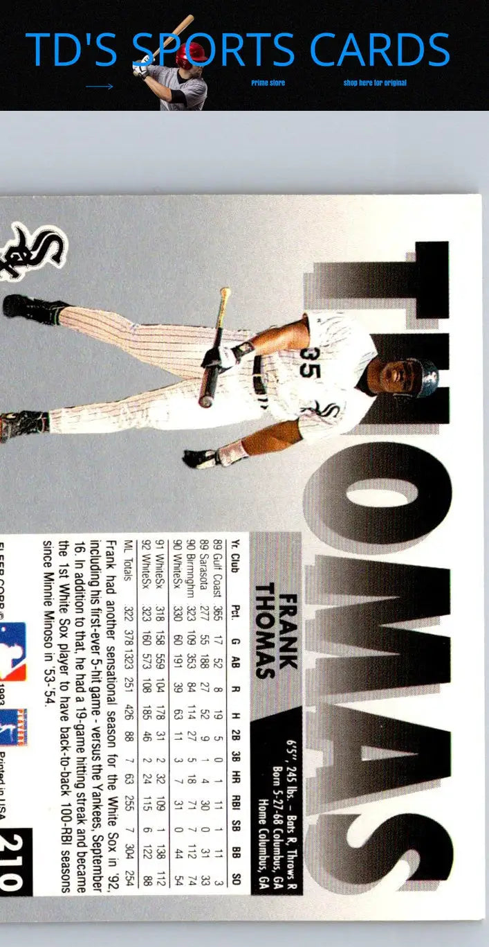 1993 Fleer #210 Frank Thomas baseball card featuring the iconic player in action