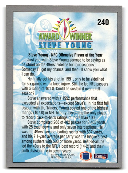 Fleer football Steve Steve Young card number 240 San Francisco 49ers 1993 Fleer