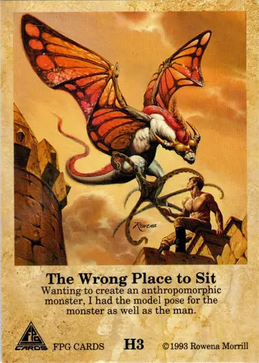 Dragon with butterfly wings confronts warrior on cliff in Rowena Morrill holographic card