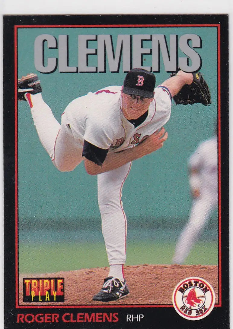 Vintage 1993 Leaf Roger Clemens Boston Red Sox baseball card in pitching pose