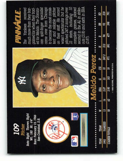 Baseball card of Melido Perez in New York Yankees uniform against yellow background