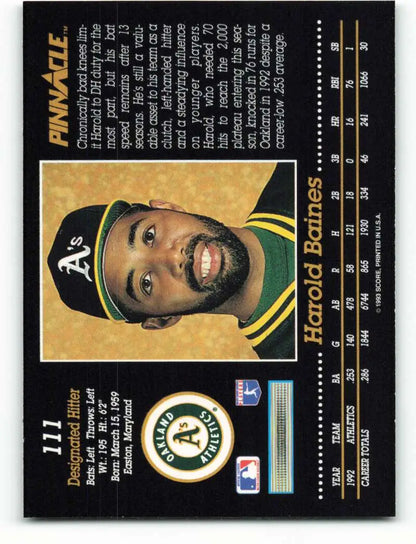 Harold Baines in green and yellow Oakland Athletics uniform, 1993 Pinnacle baseball card