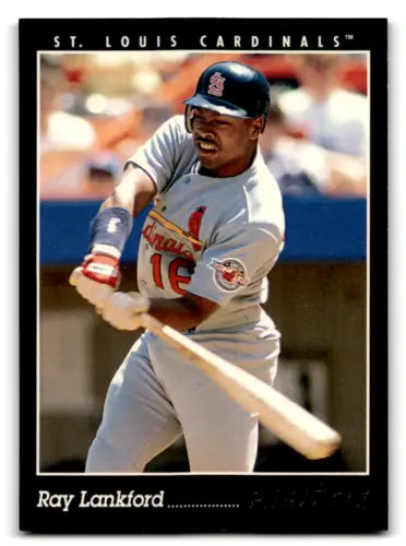 Baseball card of Ray Lankford in white uniform, showcasing original gloss design