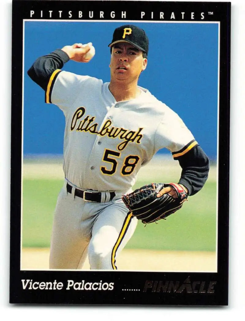 Pittsburgh Pirates baseball card of Vicente Palacios mid-throw in jersey number 58