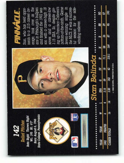 Stan Belinda baseball card for Pittsburgh Pirates, showing player in black cap with gold logo