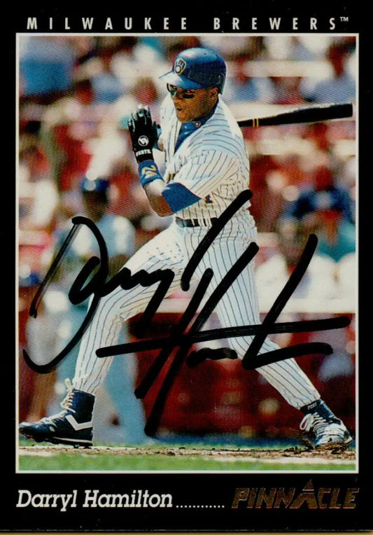Signed Darryl Hamilton baseball card in Milwaukee Brewers pinstriped uniform at bat