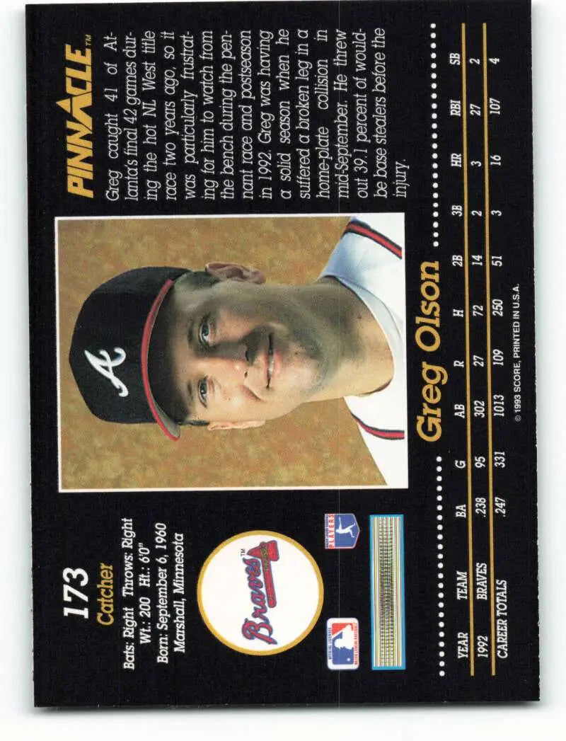 Baseball card of Greg Olson, Atlanta Braves player in navy cap with A logo