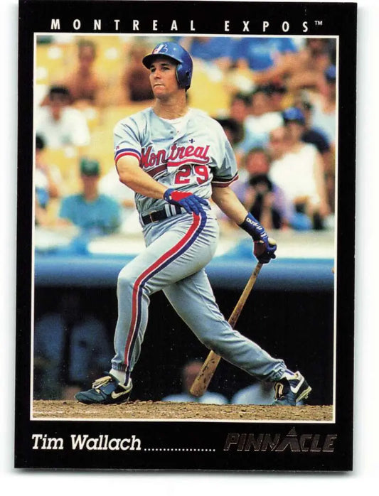Baseball card of Tim Wallach in gray Montreal Expos uniform at bat