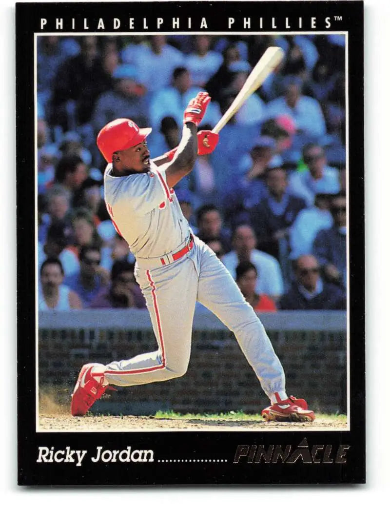 1993 Pinnacle Ricky Jordan Baseball Card featuring Philadelphia Phillies player at bat