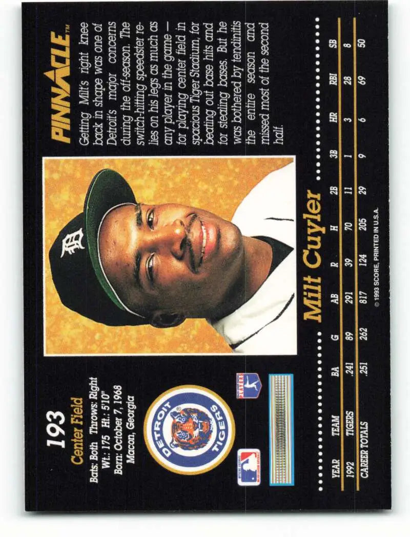 Milt Cuyler Detroit Tigers baseball card with black border design from 1993 Pinnacle