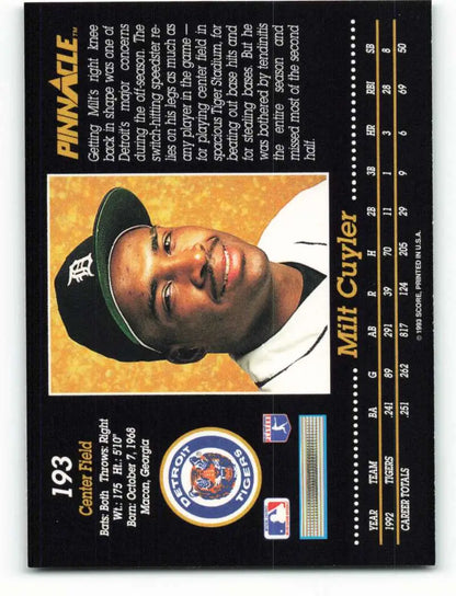 Milt Cuyler Detroit Tigers baseball card with black border design from 1993 Pinnacle