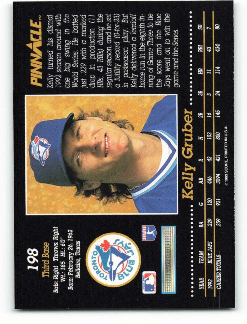 1993 Pinnacle #198 Kelly Gruber Toronto Blue Jays Baseball Card NM-MT condition