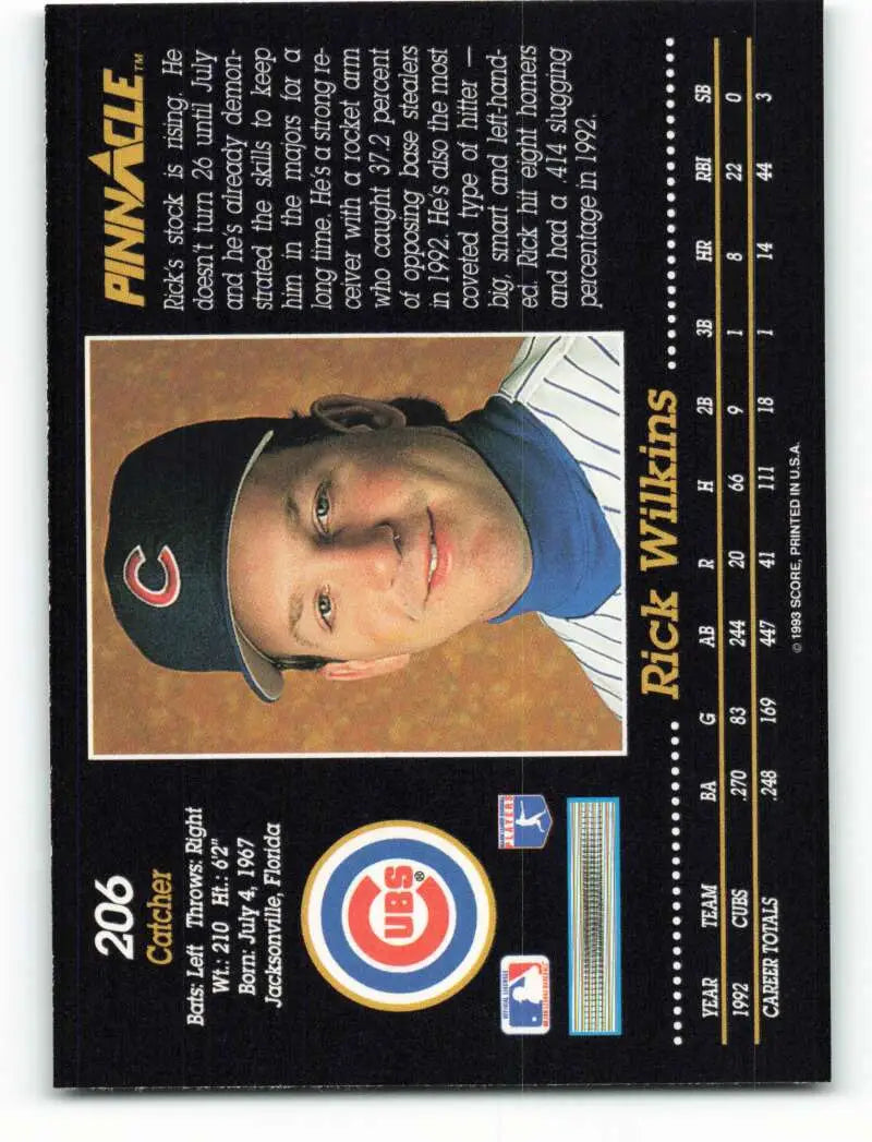 Rick Wilkins Chicago Cubs baseball card in blue cap and white uniform from 1993 Pinnacle