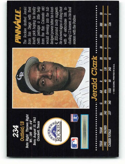 1993 Pinnacle Jerald Clark Baseball Card featuring Colorado Rockies player design