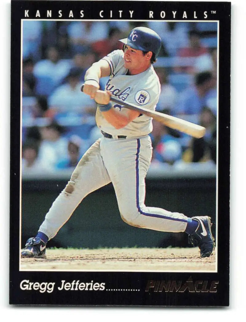 Kansas City Royals baseball card of Gregg Jefferies swinging a bat in 1993 Pinnacle