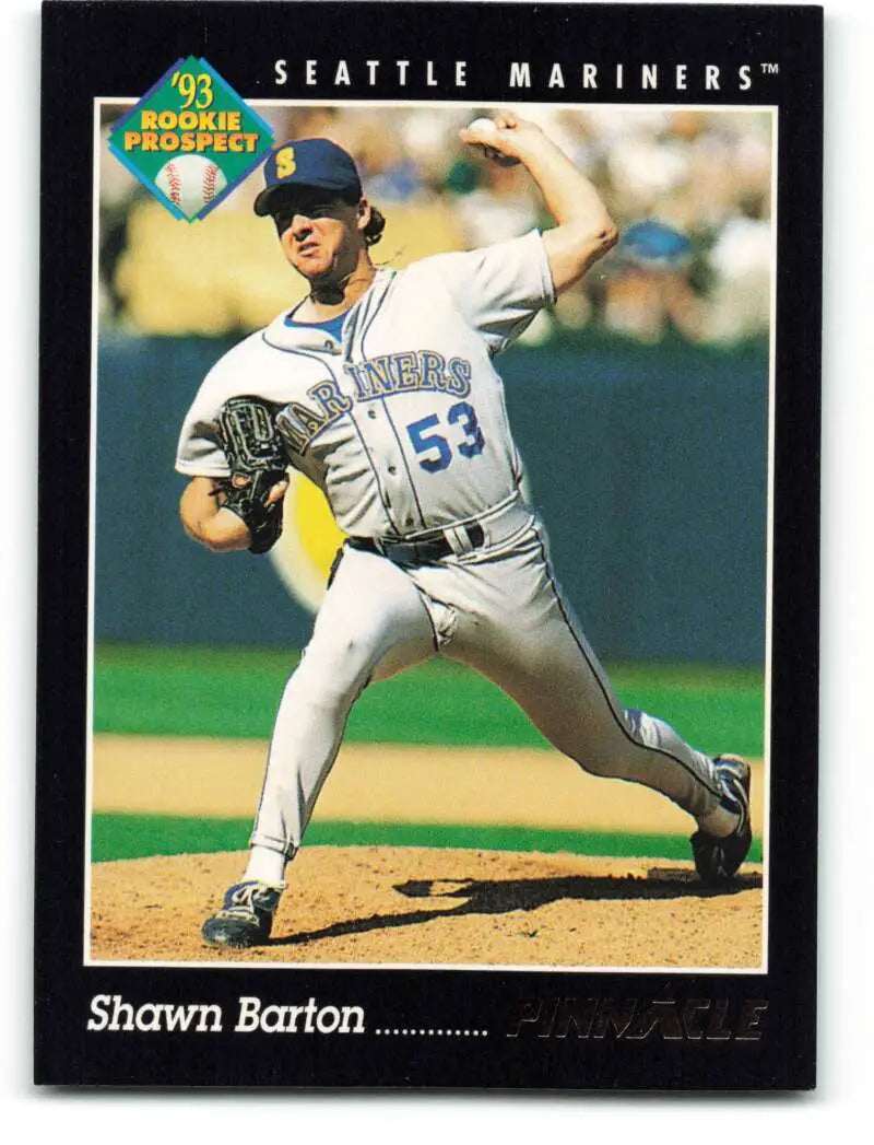 Baseball card of Shawn Barton, Seattle Mariners pitcher, wearing number 53 in delivery