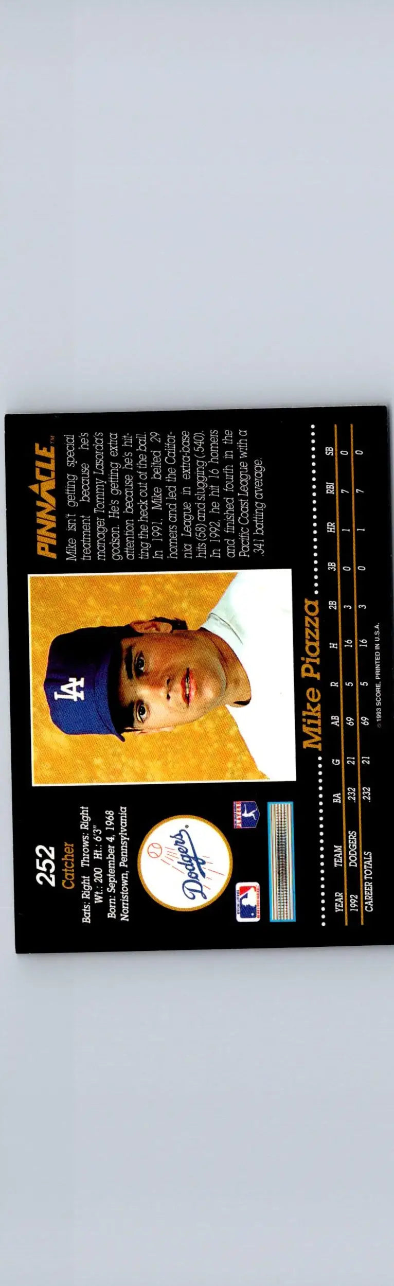 Vintage 1993 Pinnacle Mike Piazza baseball card in Los Angeles Dodgers uniform