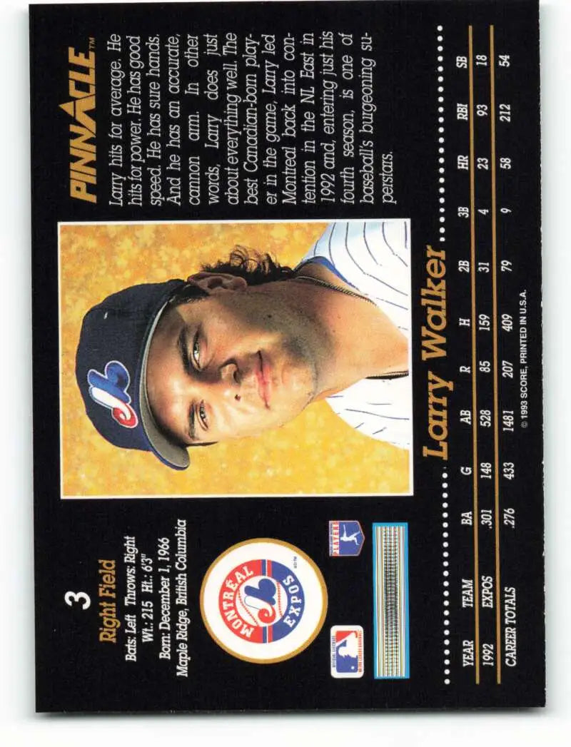 Larry Walker Montreal Expos baseball card with yellow background from 1993 Pinnacle