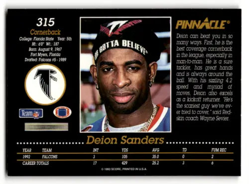 1993 Pinnacle Deion Sanders trading card with original gloss in NM condition