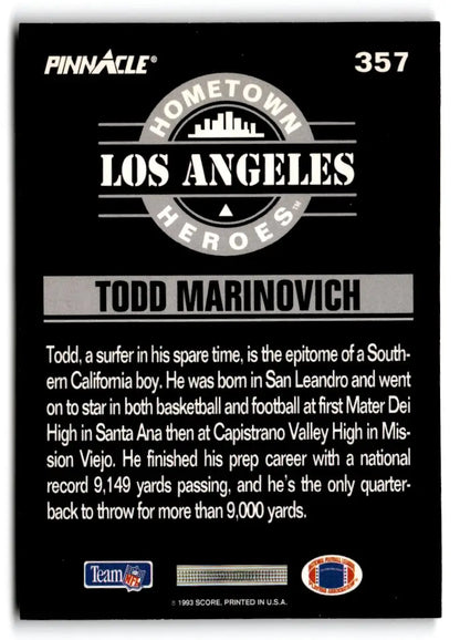 1993 Pinnacle #357 Todd Marinovich - Trading Cards
