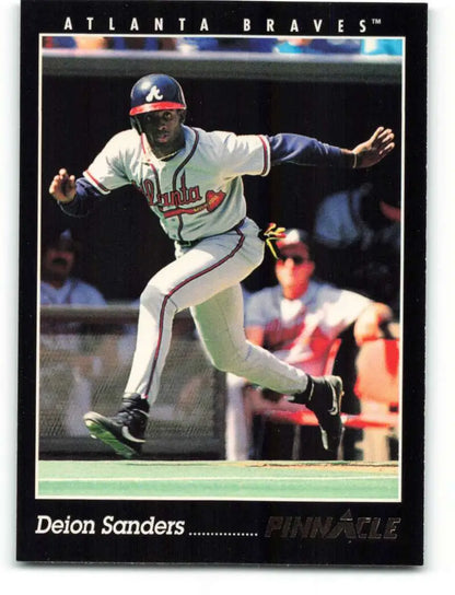 Deion Sanders running on the field in a 1993 Pinnacle Atlanta Braves baseball card