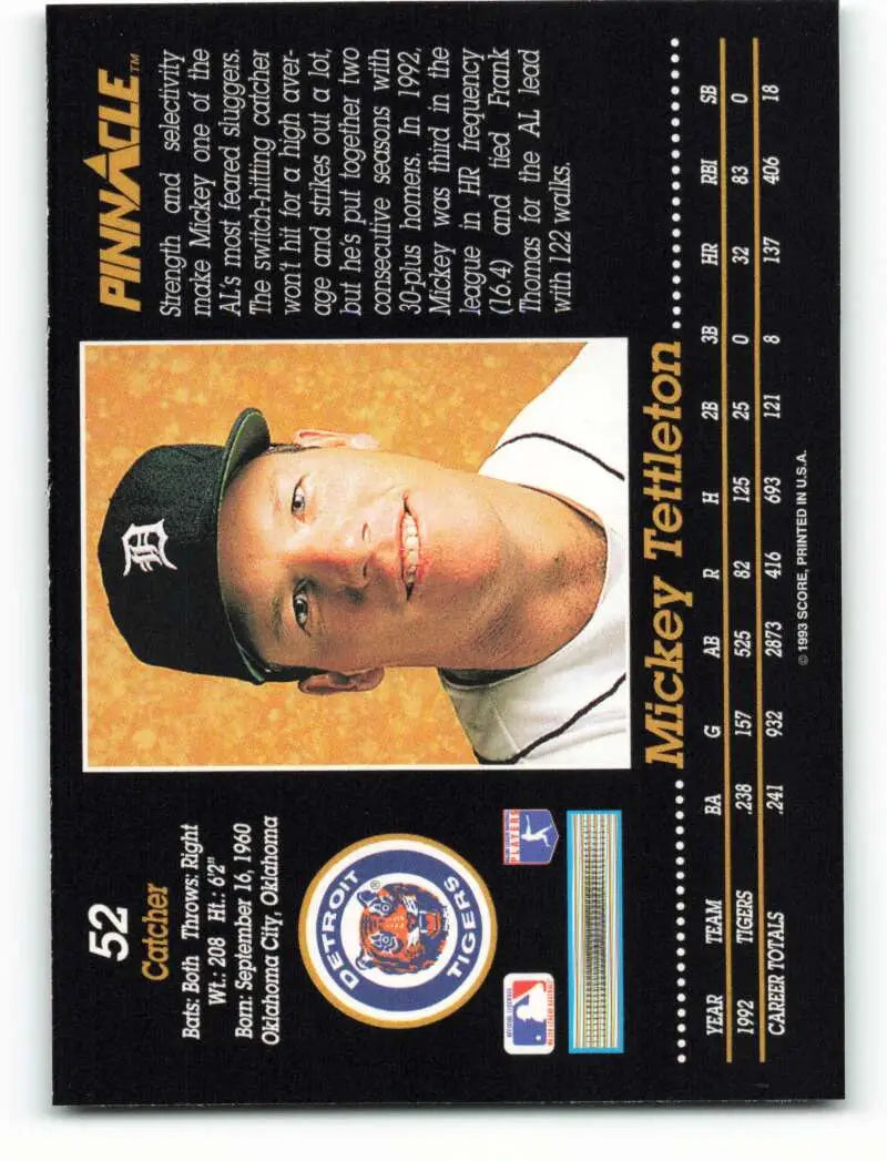 Mickey Tettleton in white uniform on 1993 Pinnacle Detroit Tigers baseball card