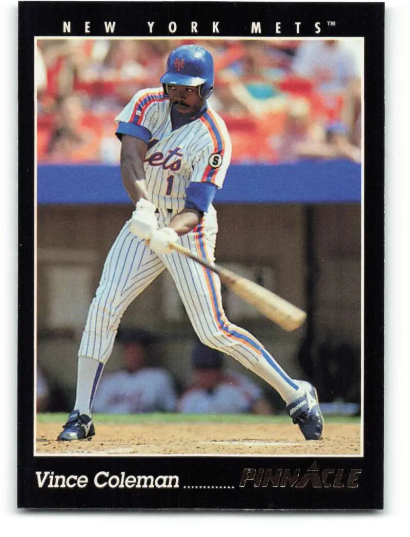 Vince Coleman baseball card showcasing New York Mets player in pinstripe uniform at bat