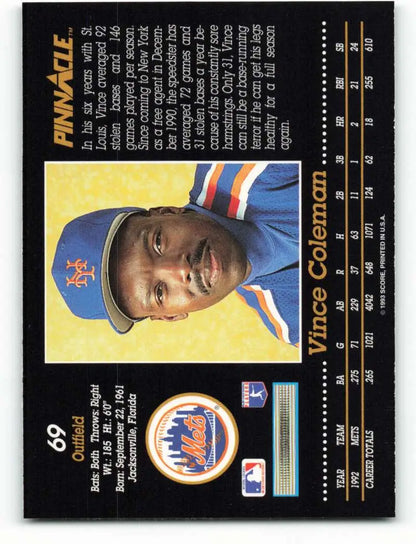 Vince Coleman New York Mets baseball card in blue and orange uniform, 1993 Pinnacle