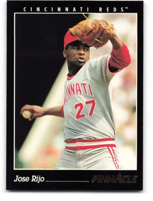 Cincinnati Reds player Jose Rijo in gray uniform pitching on 1993 baseball card