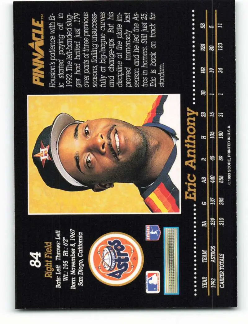 1993 Pinnacle Eric Anthony Baseball Card featuring Houston Astros logo and stats