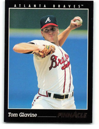 Tom Glavine in Atlanta Braves uniform mid-pitch on 1993 Pinnacle baseball card