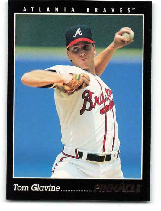 Tom Glavine in Atlanta Braves uniform mid-pitch on 1993 Pinnacle baseball card