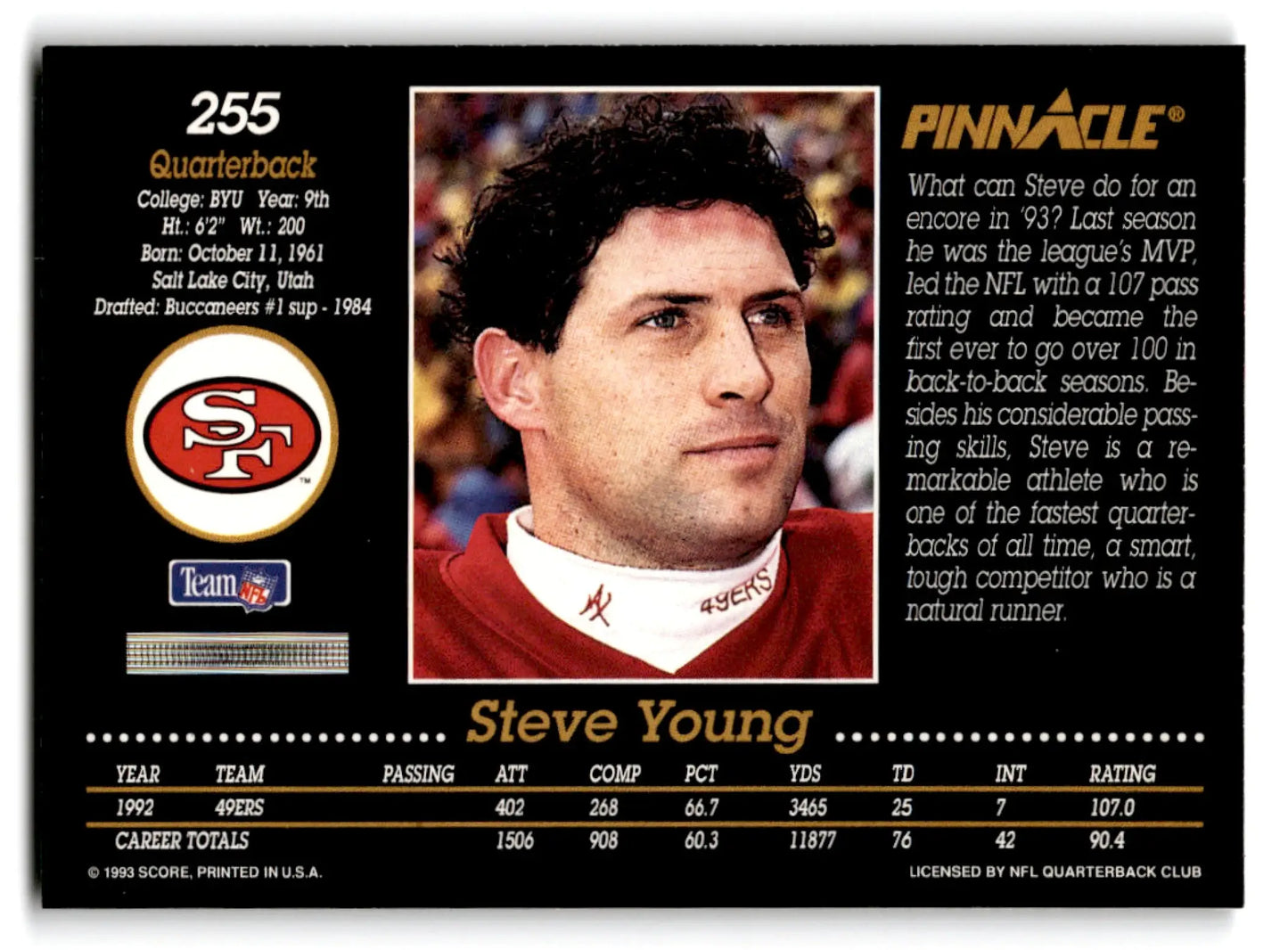 Pinnacle football Steve Young 1993 card featuring San Francisco 49ers collectible