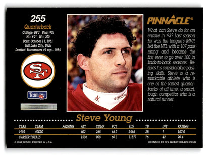 Pinnacle football Steve Young 1993 card featuring San Francisco 49ers collectible