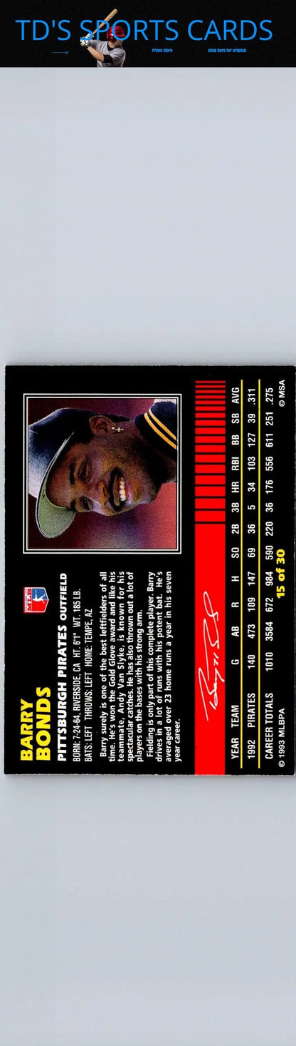 1993 Post Cereal Barry Bonds baseball card featuring legendary player and collectible memorabilia