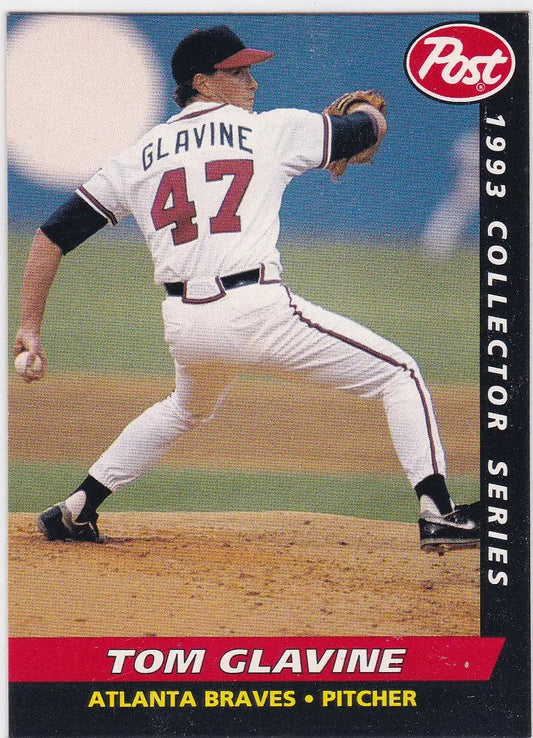 Baseball card of Tom Glavine Atlanta Braves pitcher mid-delivery in 1993 Post Cereal set