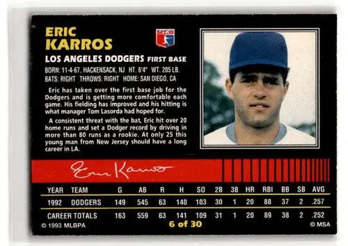 1993 Post Cereal #6 Eric Karros Los Angeles Dodgers Baseball Cards ID:52661 - Baseball Cards