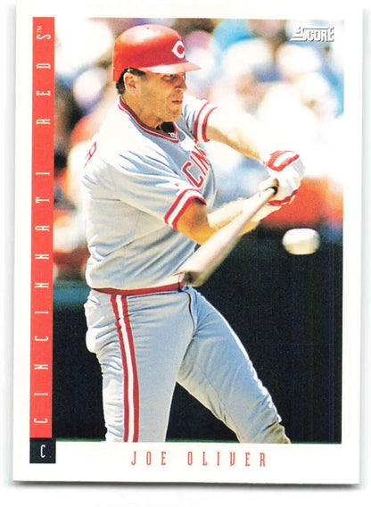 Baseball card of Joe Oliver from the Cincinnati Reds in a white uniform with red trim