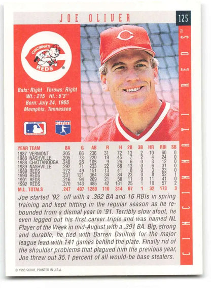 1993 Score #125 Joe Oliver Cincinnati Reds baseball card featuring a player in red uniform