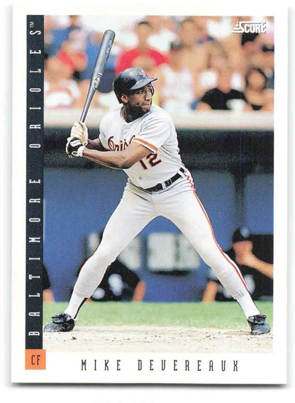 Baseball card of Mike Devereaux in white uniform for Baltimore Orioles at bat