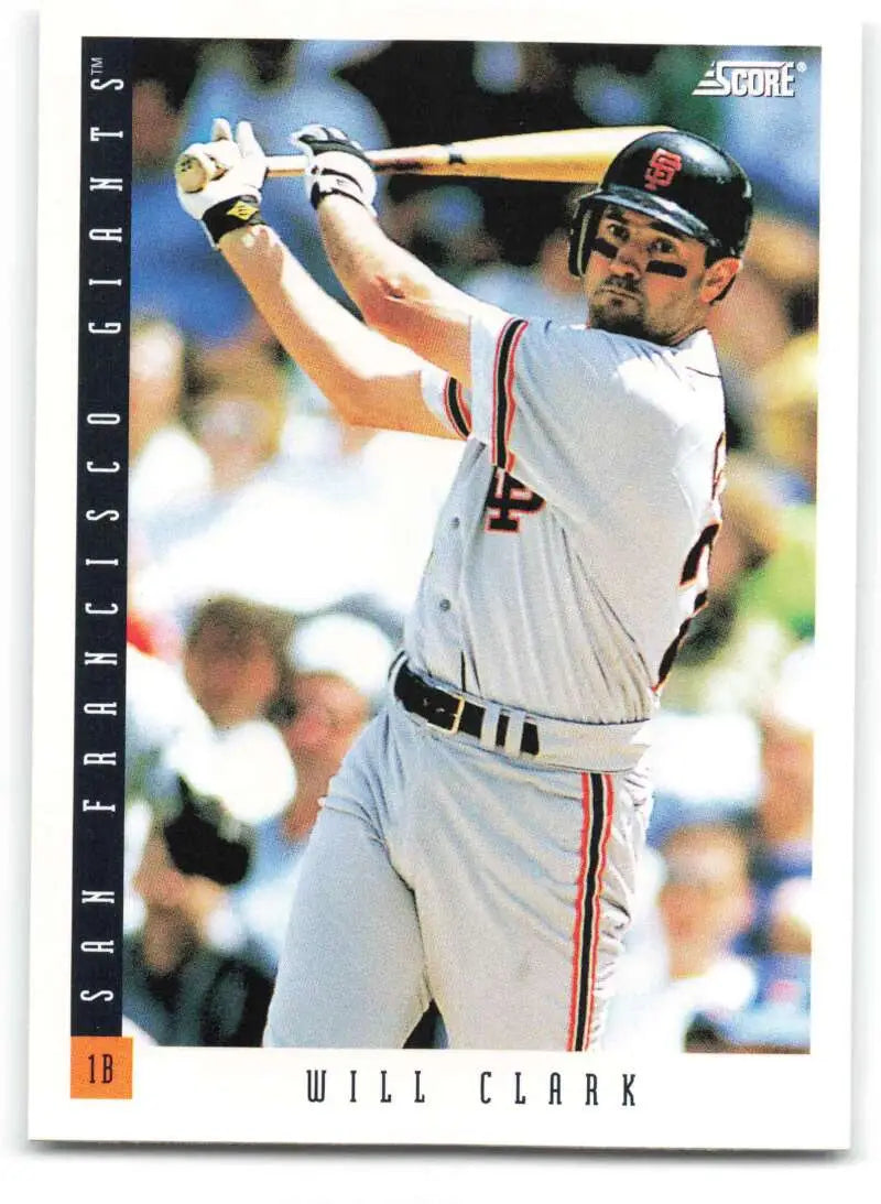 Baseball card of San Francisco Giants player Will Clark swinging a bat in uniform