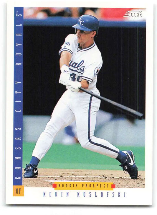 Baseball card of Kevin Koslofski, Kansas City Royals player at bat in white uniform