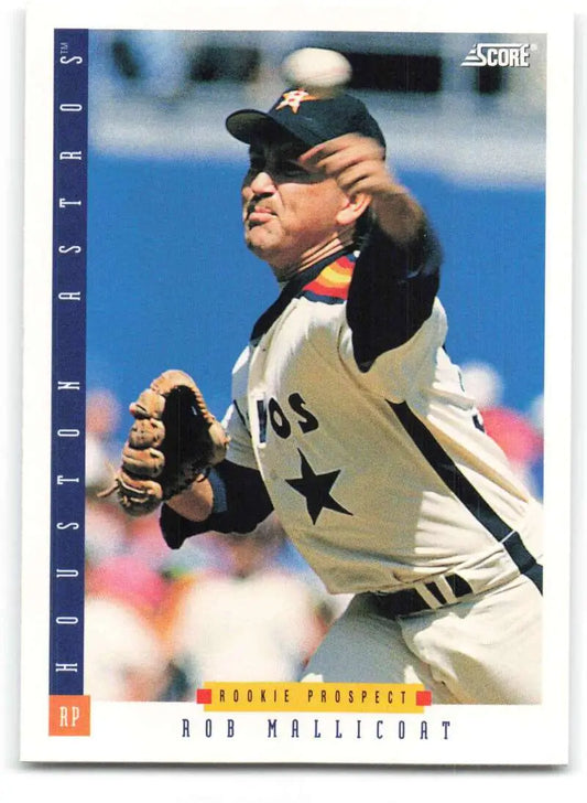 Houston Astros Rob Mallicoat baseball card showing pitcher in cream uniform mid-throw