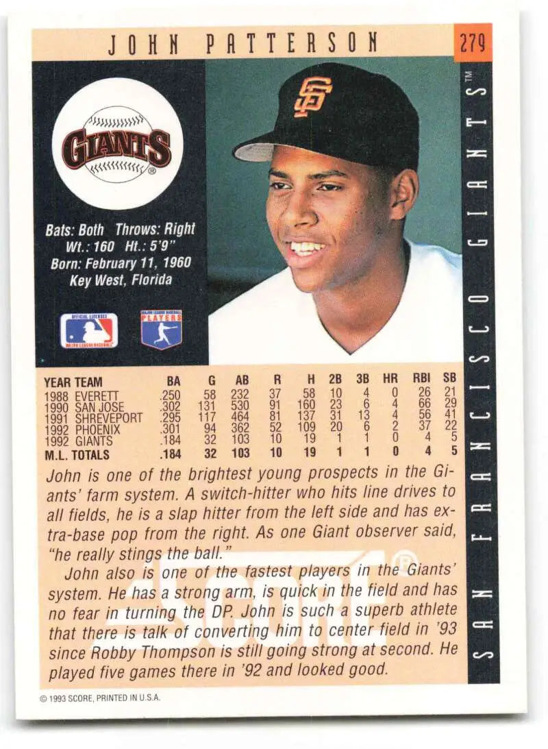 1993 Score #279 John Patterson Baseball Card of San Francisco Giants player in black cap