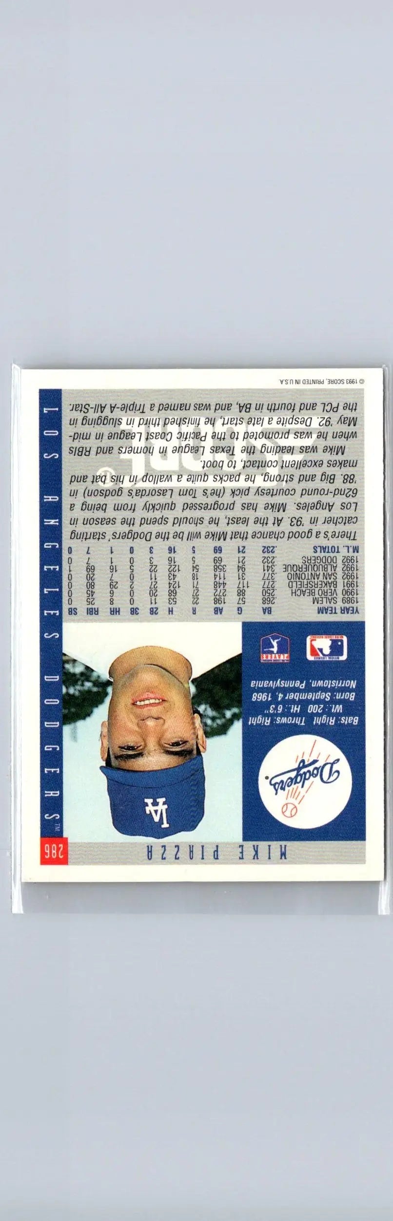 Baseball trading card featuring Mike Piazza from 1993 Score #286 for collectors