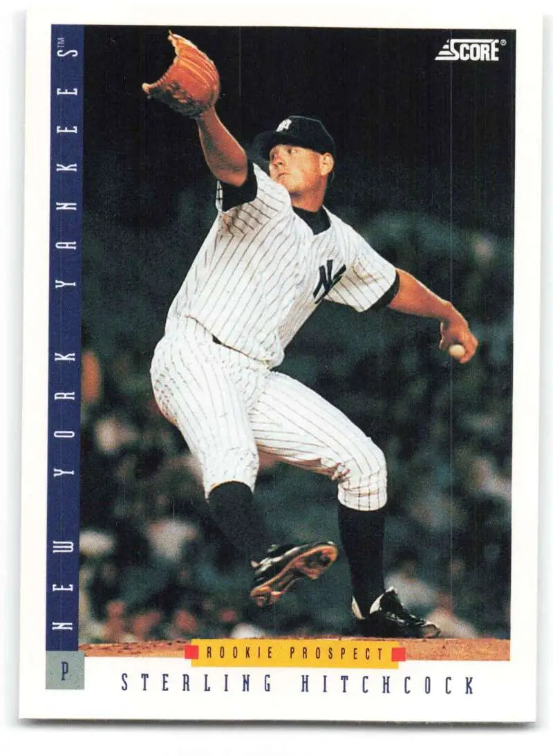 Sterling Hitchcock mid-delivery in pinstripes on New York Yankees baseball card
