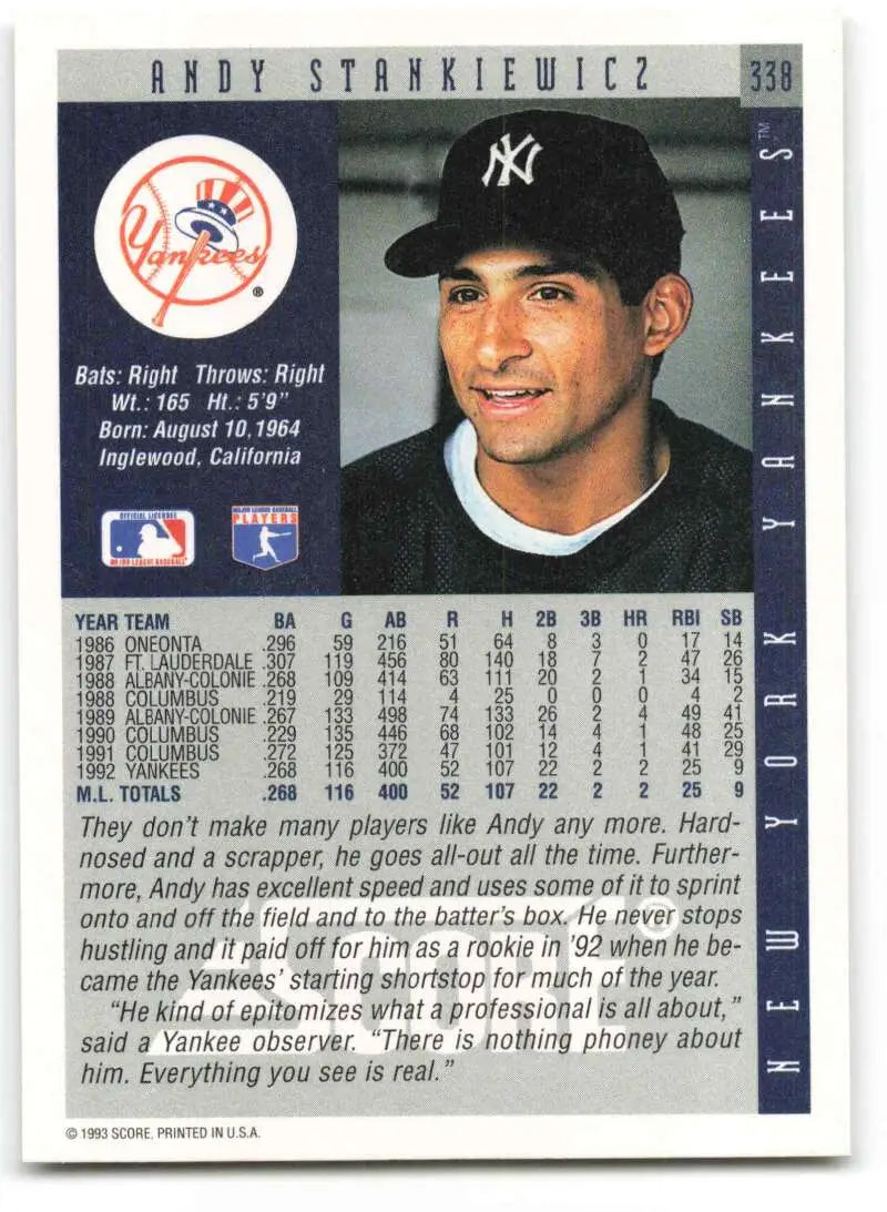 Andy Stankiewicz New York Yankees baseball card featuring player in team cap