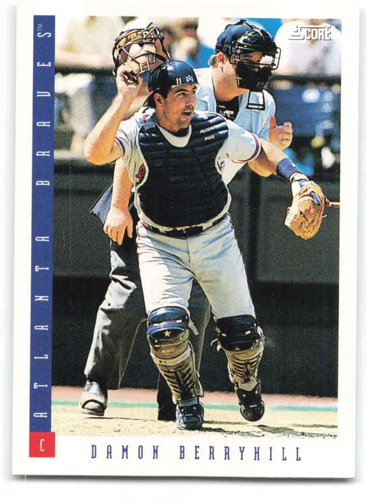 Damon Berryhill in navy and white uniform during game on 1993 Score Baseball Card