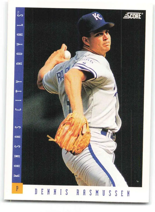 Baseball card of Dennis Rasmussen pitching for the Kansas City Royals in 1993