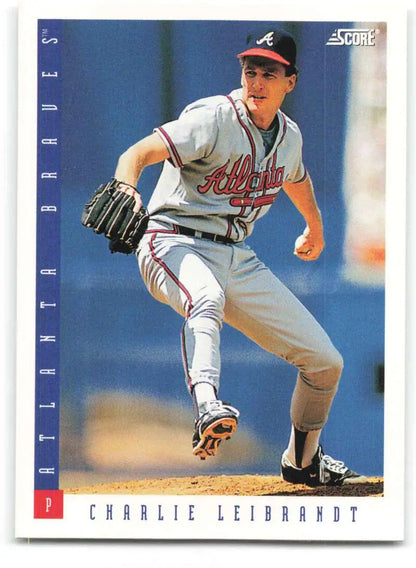 Charlie Leibrandt mid-pitch in Atlanta Braves uniform on 1993 baseball card